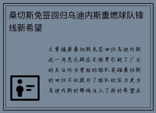桑切斯免签回归乌迪内斯重燃球队锋线新希望
